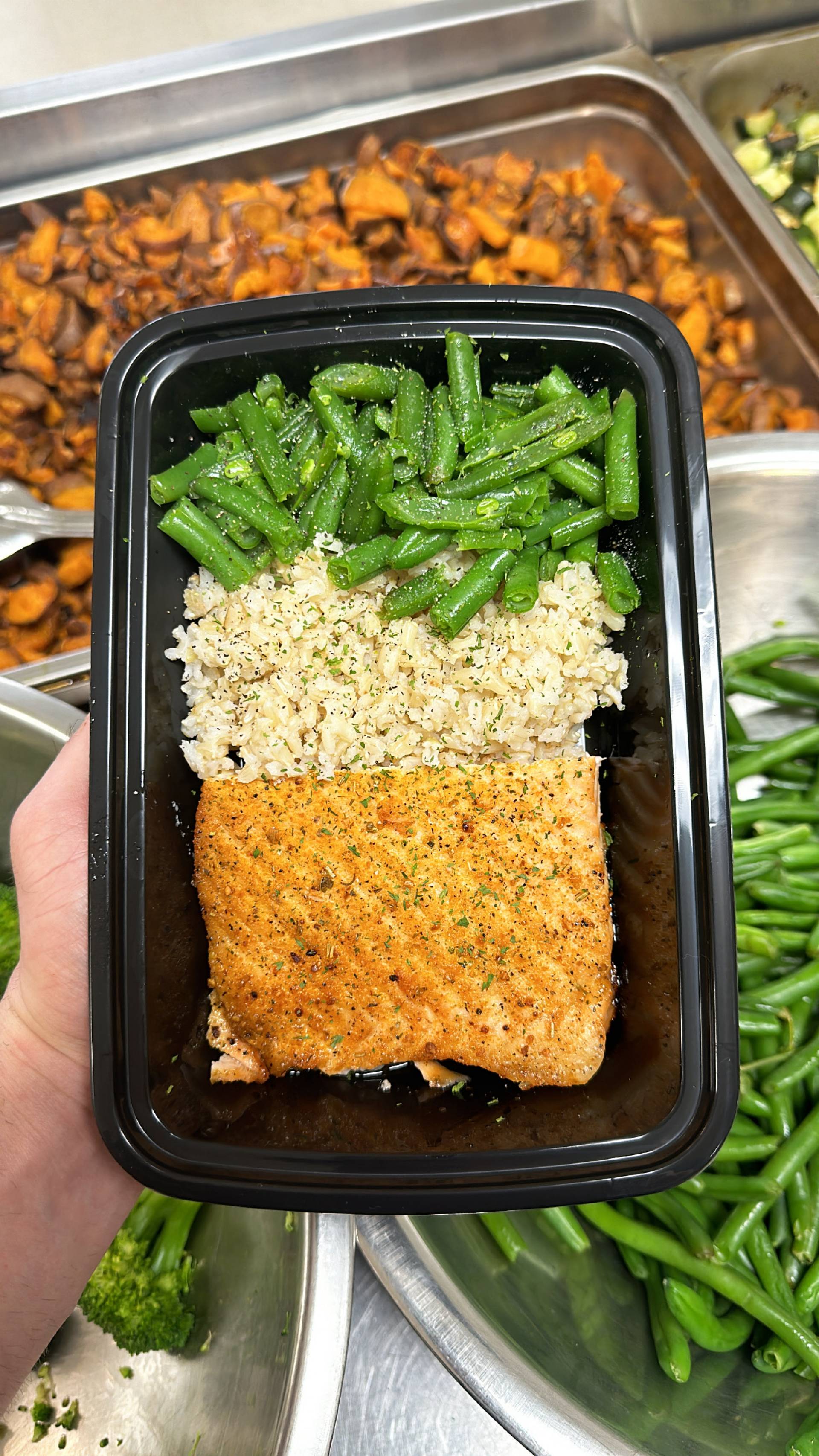 Salmon + Rice ( Brown ) + Green Beans